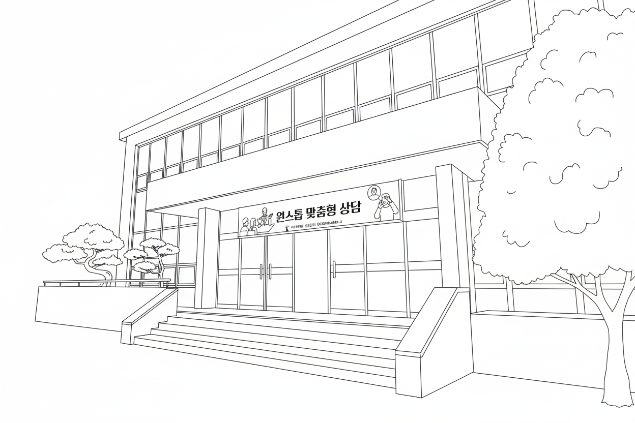 외부에서 바라본 회생법원의 모습을 그린 라인드로잉 이미지