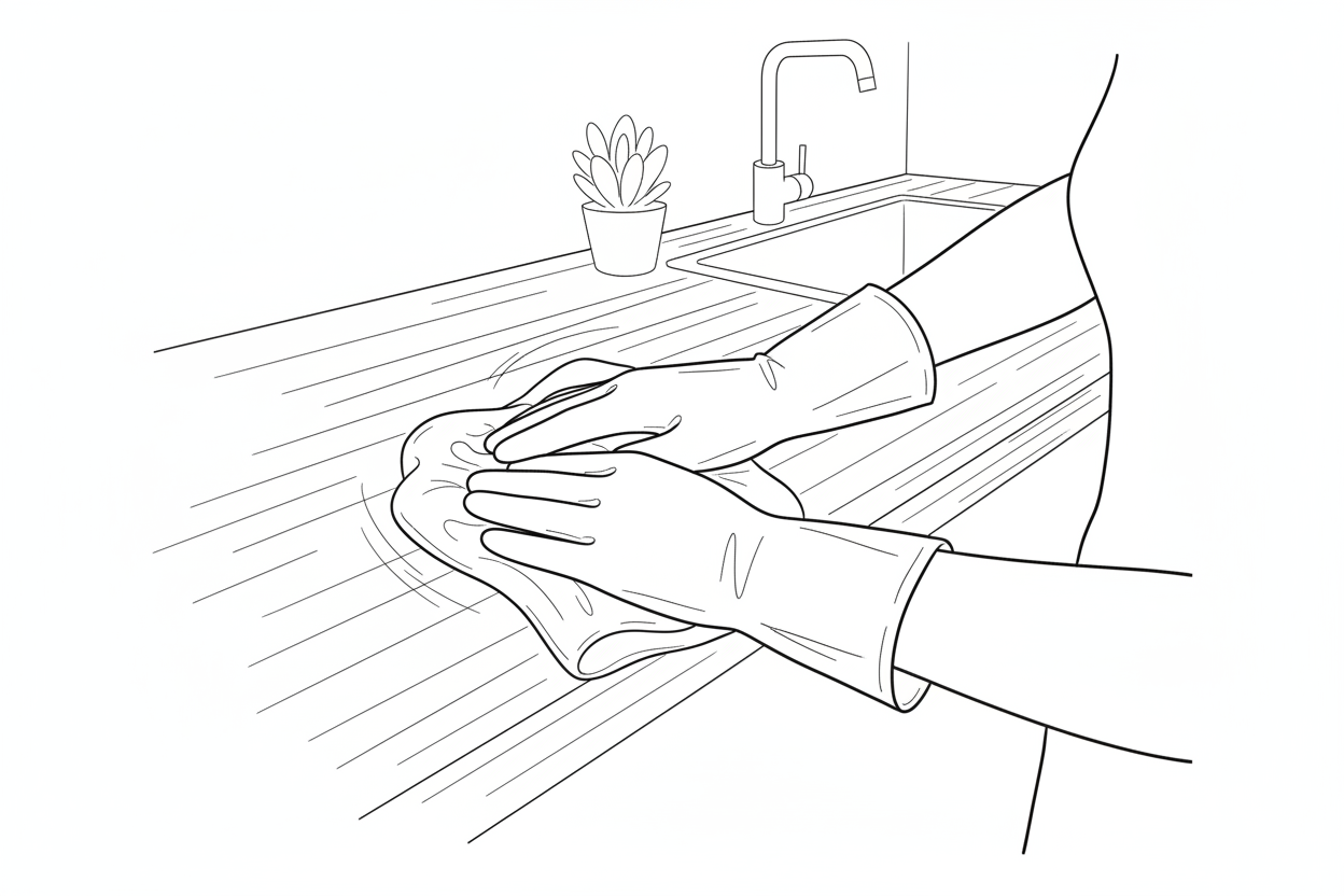 씽크대 상판을 닦는 모습의 라인드로잉 이미지