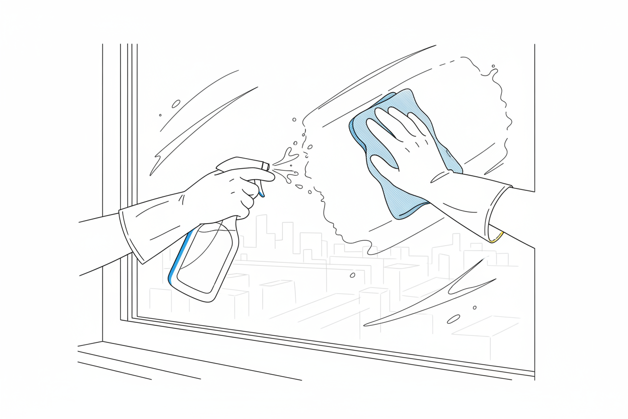 샷시의 유리를 닦는 모습의 라인드로잉 이미지