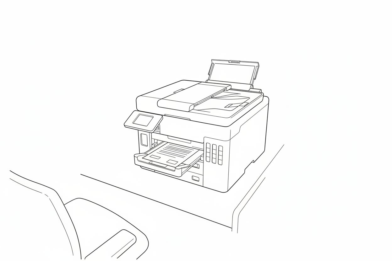 책상위에 놓여진 복합기의 라인드로잉 이미지