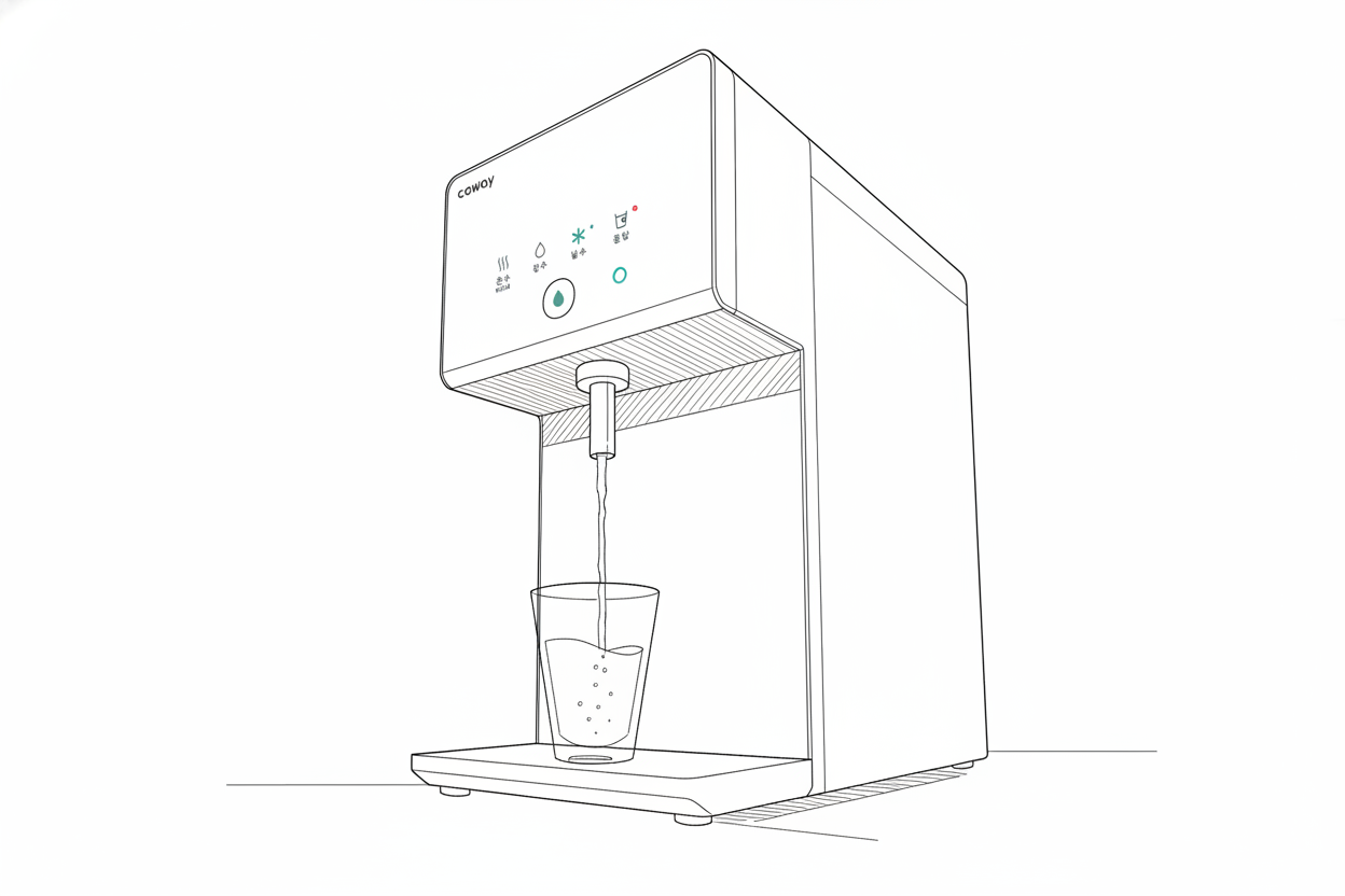 정수기에서 컵에 물을 채우는 모습의 라인드로잉 이미지