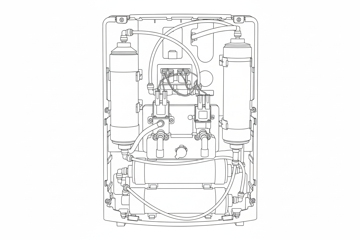 정수기의 뒷부분을 분해한 모습의 라인드로잉 이미지