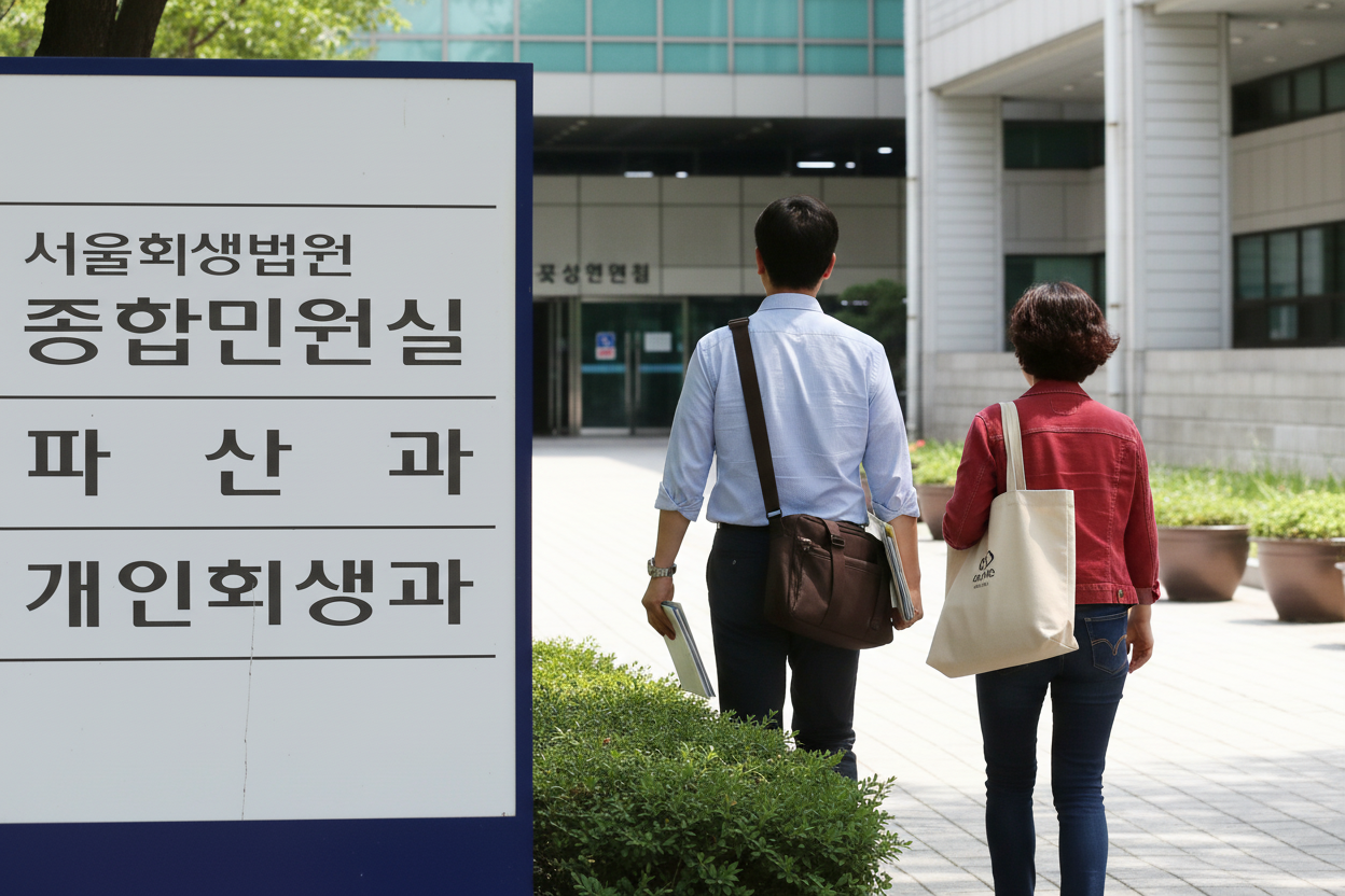 회생법은으로 걸어 들어가는 사람들의 모습