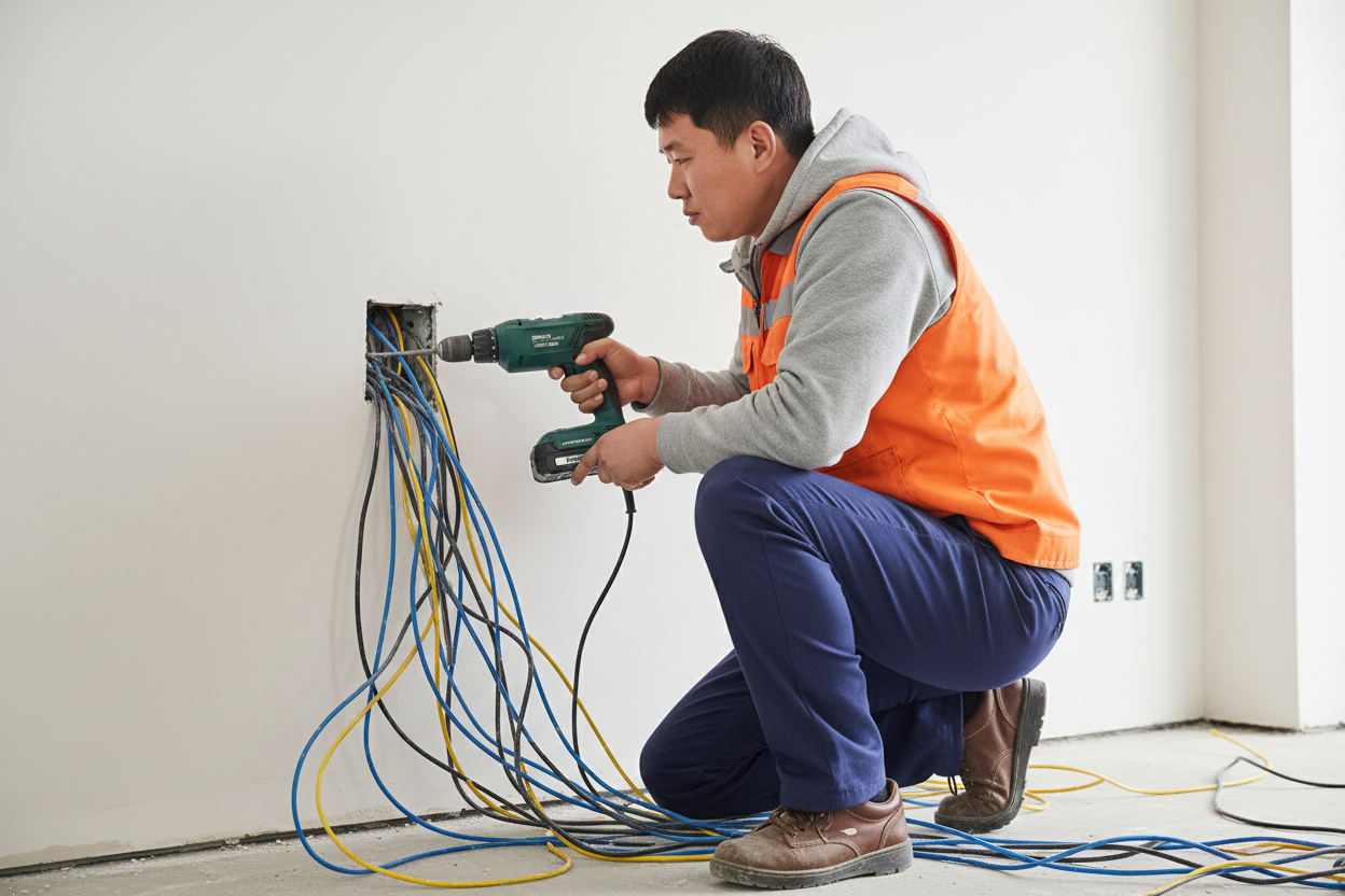 인터넷 회선을 설치중인 작업자의 모습