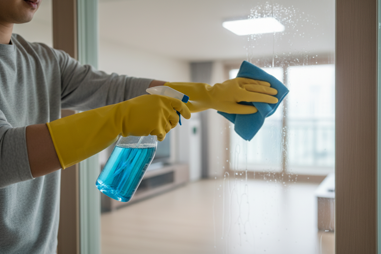 샷시유리를 닦는 모습