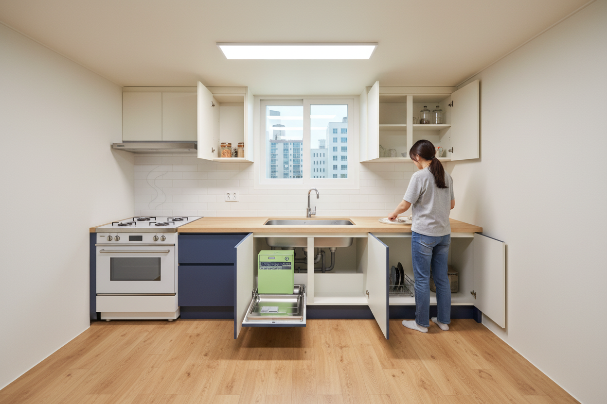 주방을 청소중인 모습