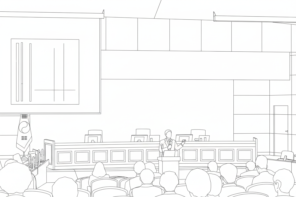 재판이 진행중인 법정의 라인드로잉 이미지