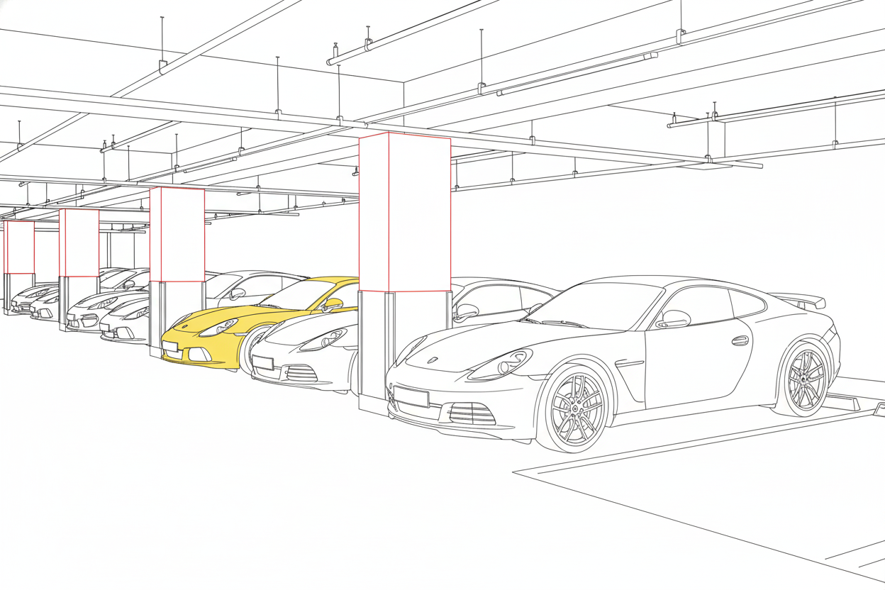 주차장에 주차된 여러대의 차들 라인드로잉 이미지
