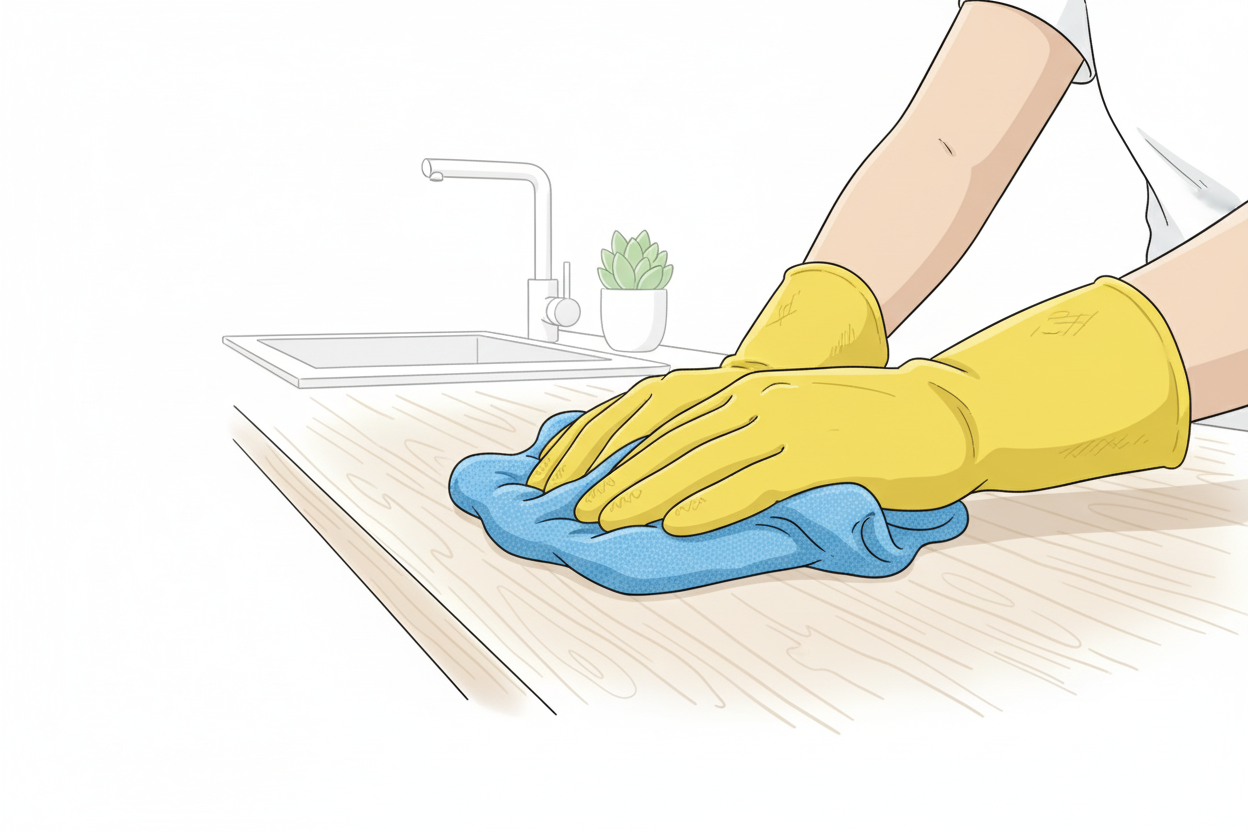 씽크대 상판을 닦는 모습의 라인드로잉 이미지