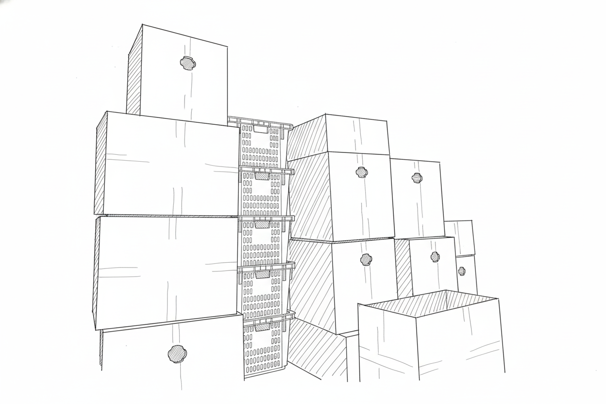 이사박스를 쌓아놓은 모습의 라인드로잉 이미지