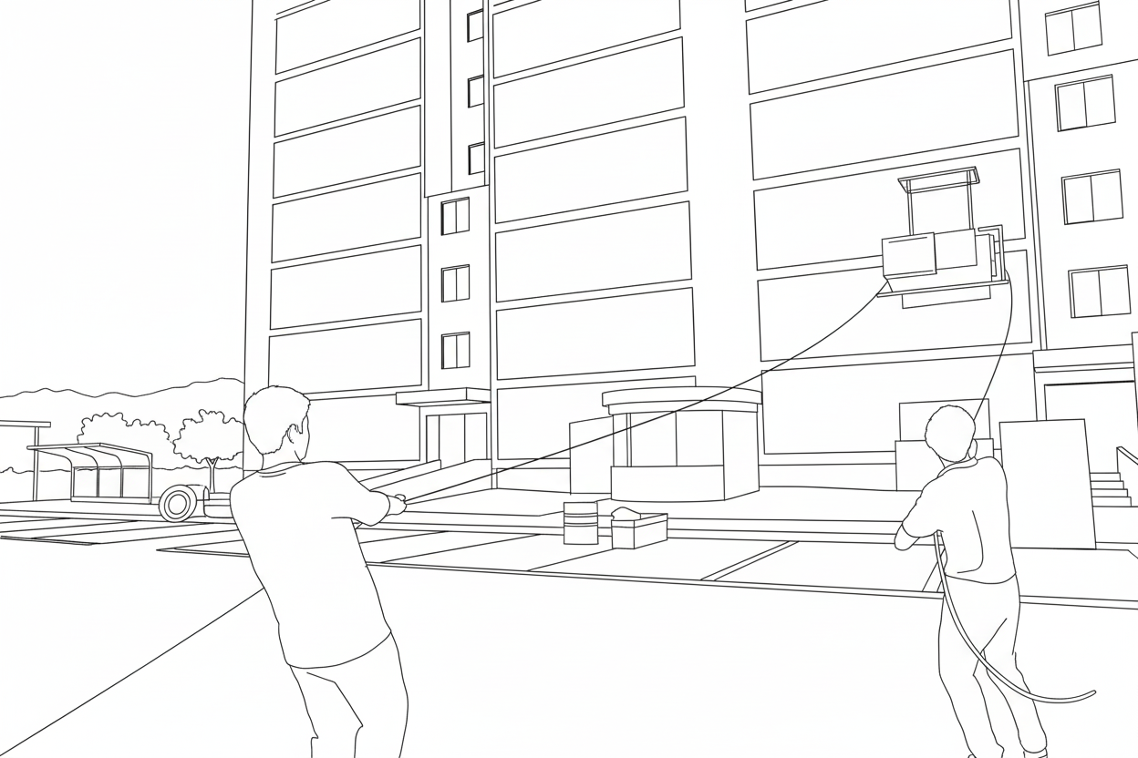 고층에서 이사짐을 내리는 라인드로잉 이미지