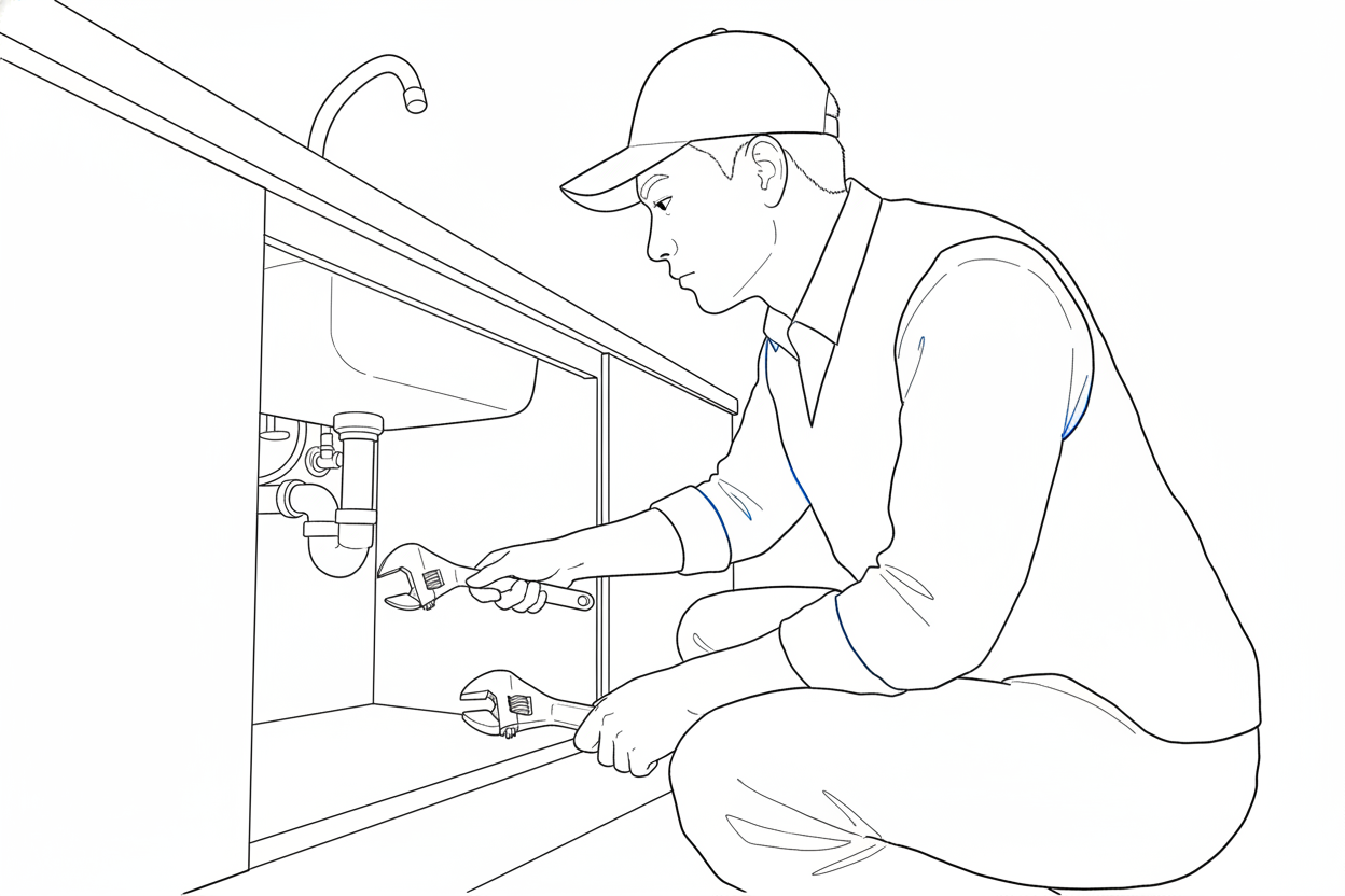 정수기를 설치중인 작업자의 모습의 라인드로잉 이미지