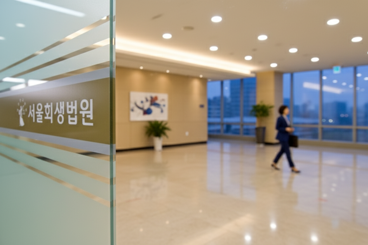 서울회생법원 내부로 들어가는 문이 열리는 모습