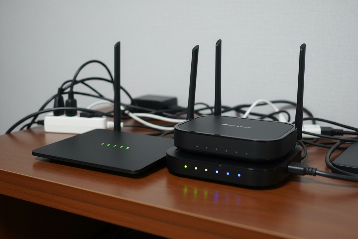 테이블위에 놓여 있는 인터넷모뎀과 공유기의 모습