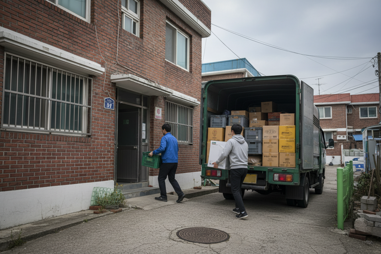 트럭에서 이삿짐을 내리는 모습