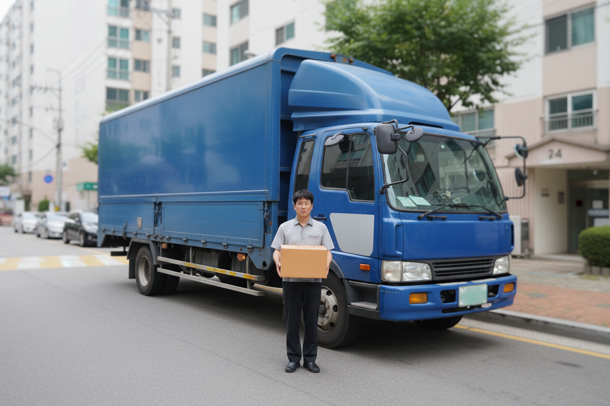 트럭앞에 이삿짐을 들고 서있는 모습