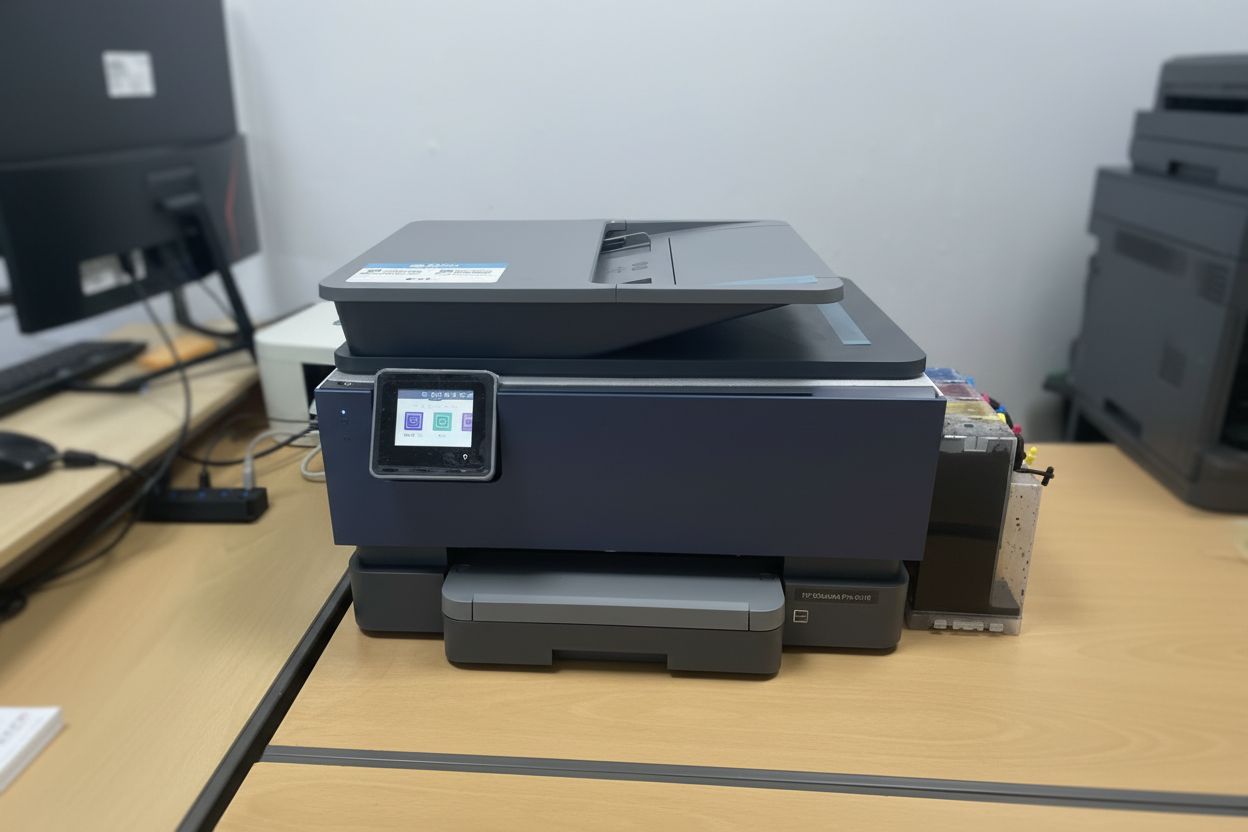 사무실 책상위에 놓여 있는 복합기의 모습