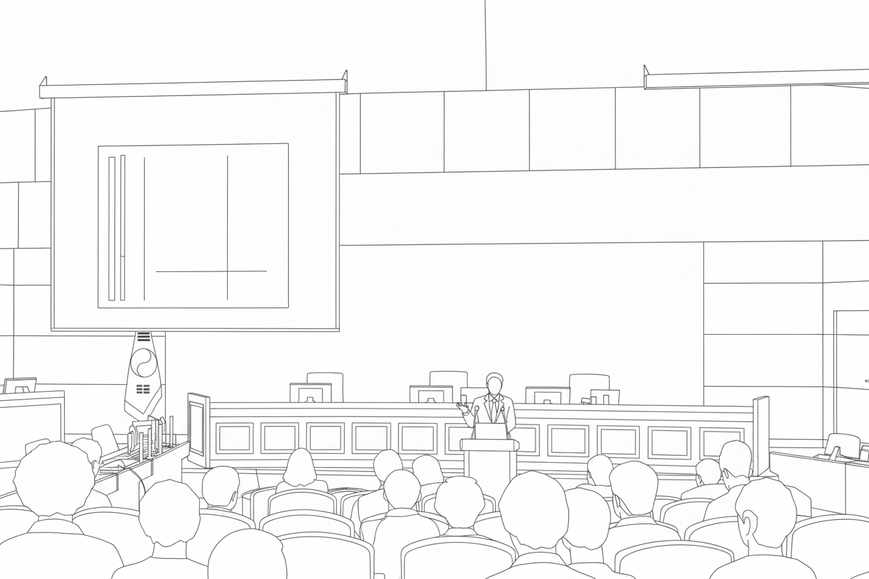 법정에서 재판이 진행중인 모습의 라인드로잉 이미지
