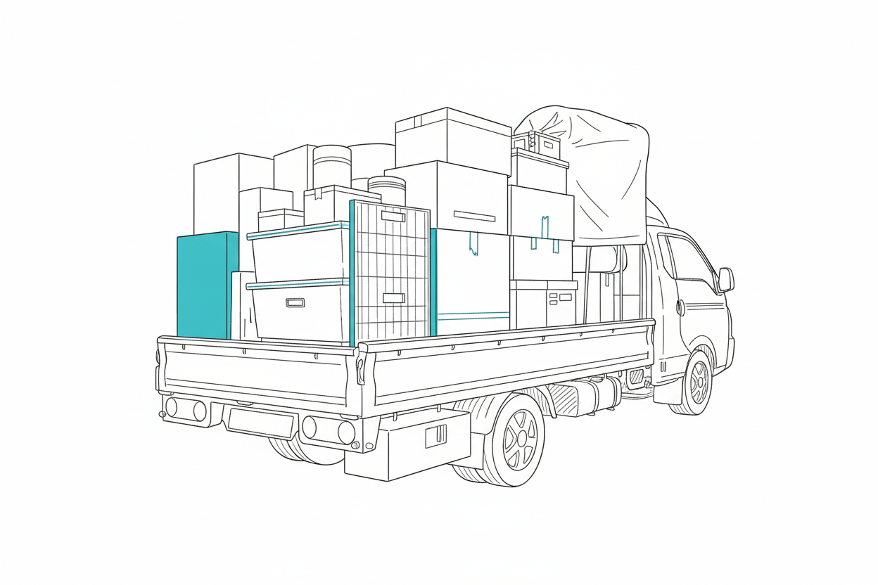 용달차에 이삿짐이 적재된 모습의 라인드로잉 이미지