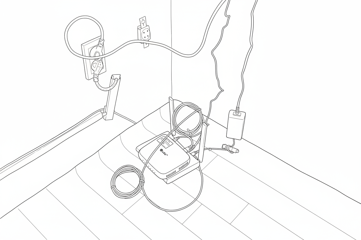모뎀에 인터넷 회선이 연결된 라인드로잉 이미지