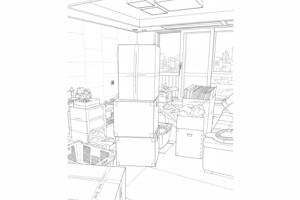 이사를 준비하기 위해 박스에 짐을 포장하는 모습을 그린 라인드로잉 이미지