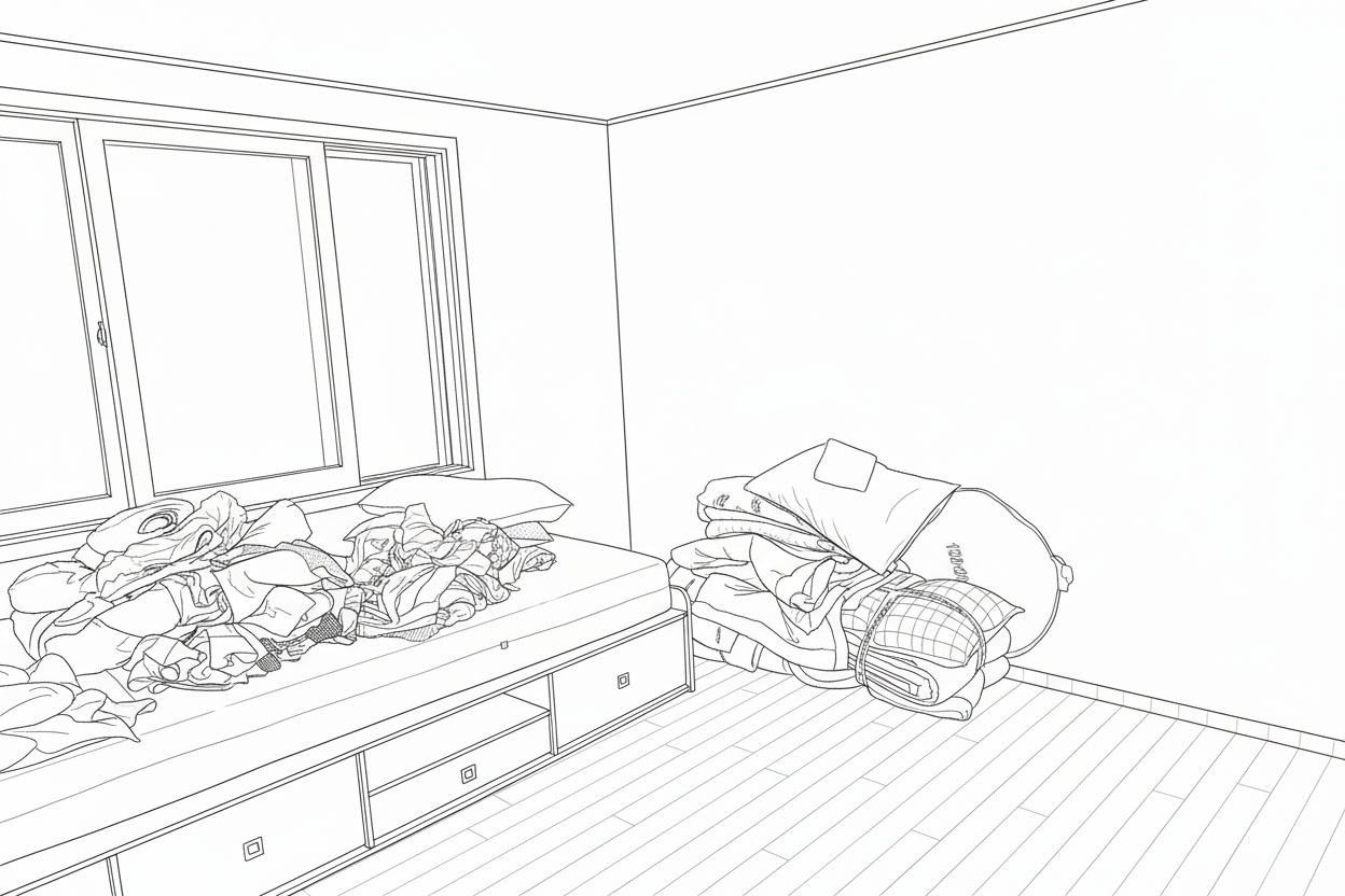 방을 정리중인 모습의 라인드로잉 이미지