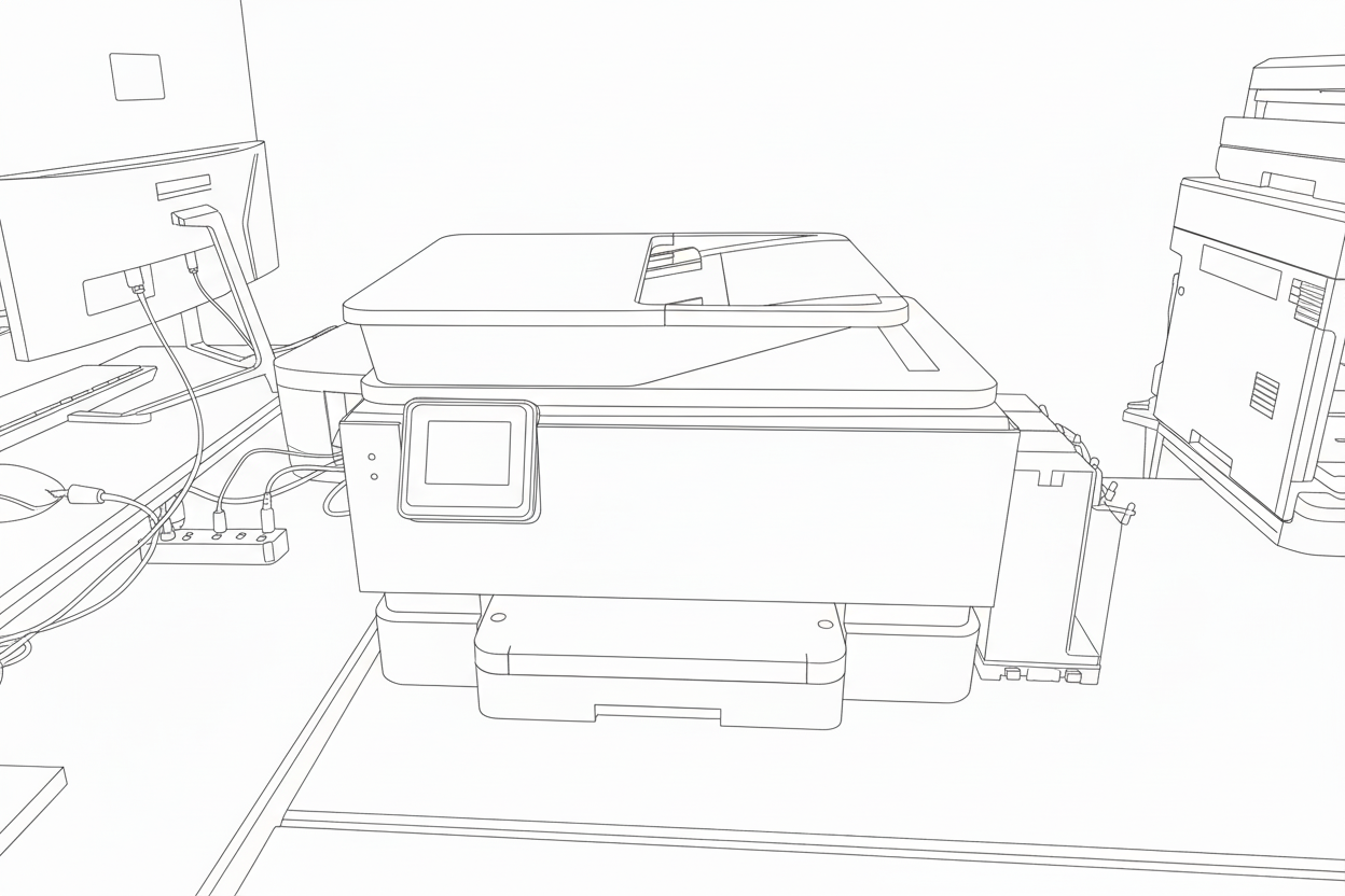 사무실 책상 위에 놓인 다기능 프린터와 주변 기기들을 라인 드로잉으로 표현