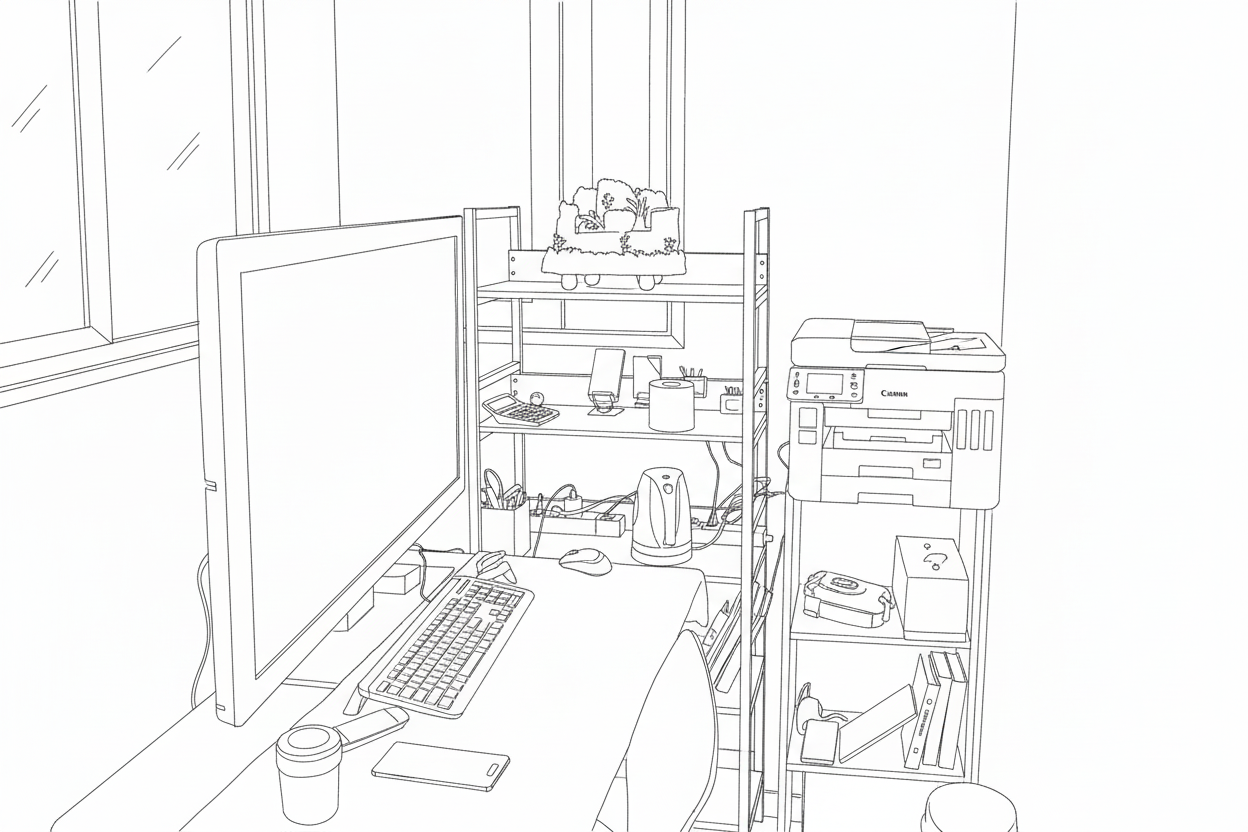 책상 위에 컴퓨터와 책꽂이가 있는 깔끔한 서재 풍경을 3:2 비율의 라인 드로잉으로 표현