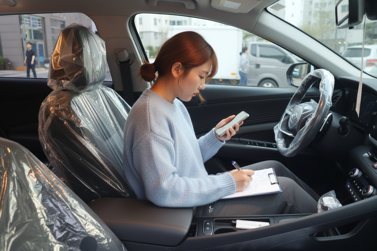 자동차 안 에서 한 여성이 휴대전 화를 보 며 서류에 글씨 를 쓰고 있는 모습