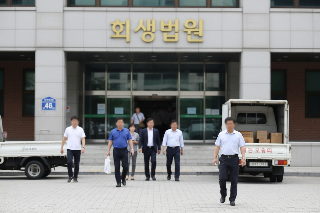 회생법원 건물 앞을 걸어가는 여러 명의 시민들과 옆에 주차된 두 대의 소형 트럭