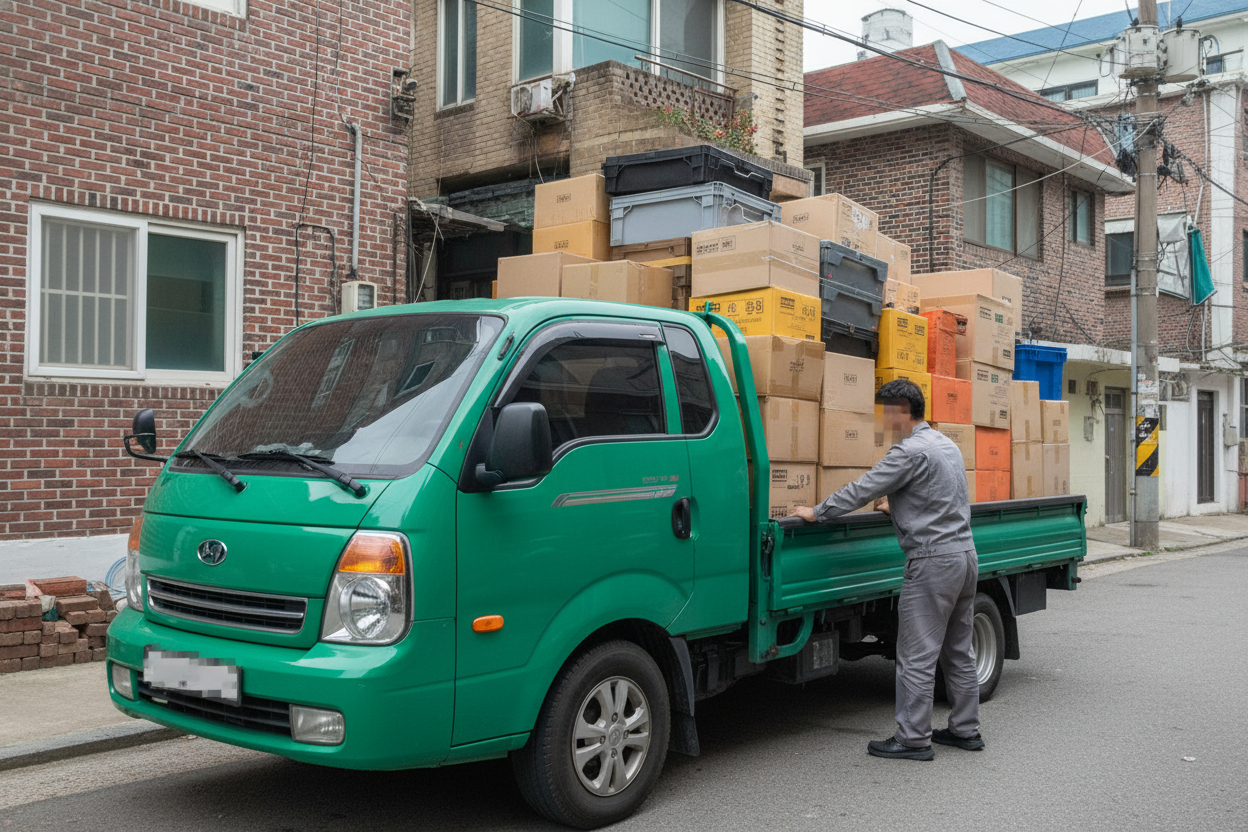 이삿짐을 가득 실은 초록색 트럭 옆에서 남성이 짐 정리를 돕고 있는 모습