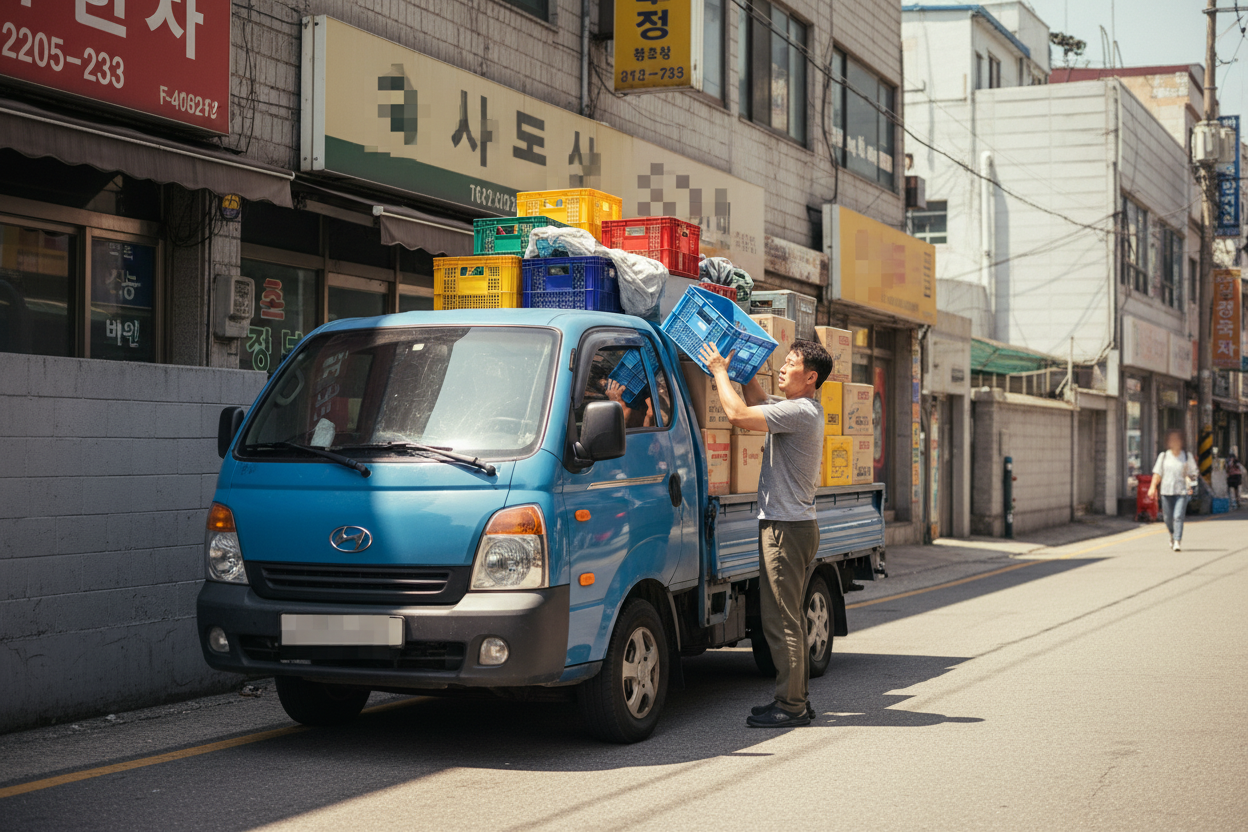 A blue truck에 짐을 싣는 한 남자의 모습