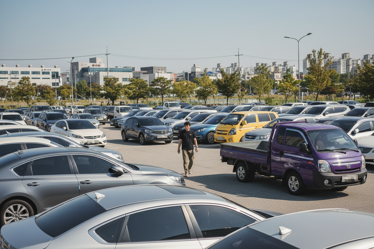 야외 주차장에 세워진 수많은 차들 사이를 걷고 있는 한 남자의 모습
