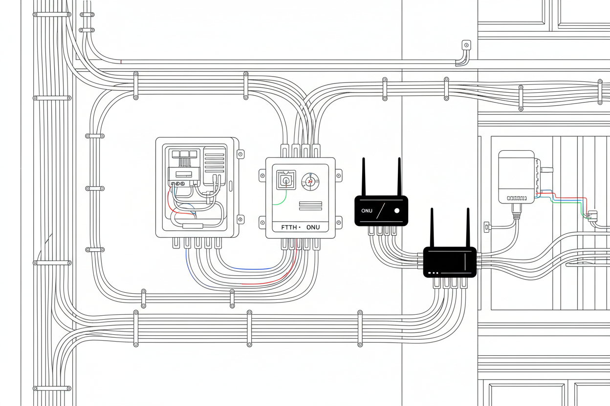인터넷 광케이블, 라우터, 허브 등 복잡하게 얽힌 통신 장비와 배선