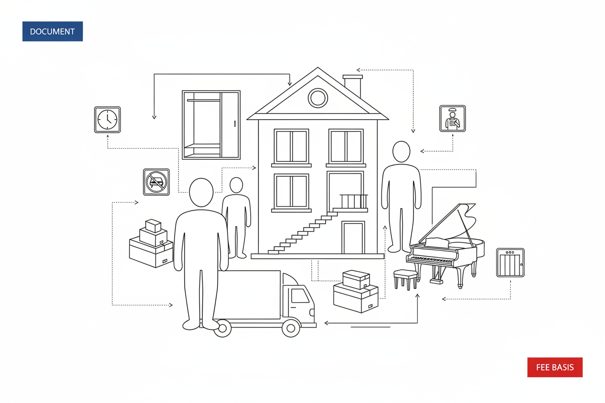 이사를 준비하는 사람들이 주택과 이삿짐, 이사 차량을 중심으로 이사 체크리스트를 확인하는 모습