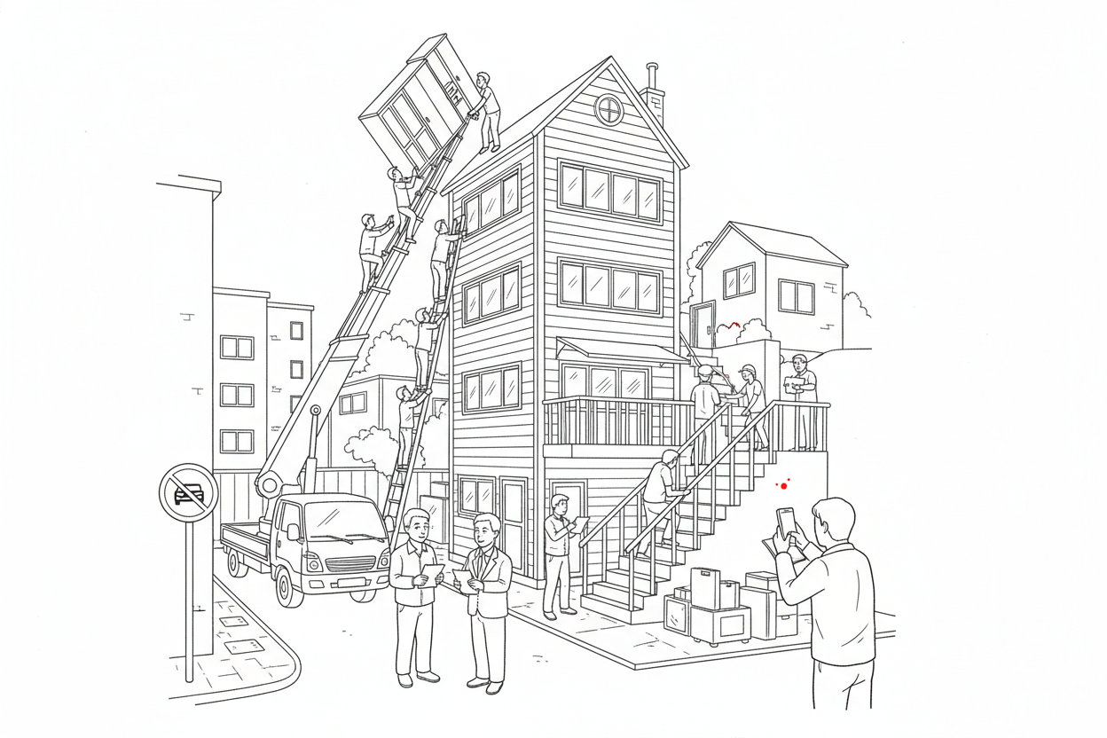 계 단을 통해 짐을 옮기는 사람들 , 사 다리차를 이용하는 모습 과 주변 풍 경이 어 우러진 이 사 현장