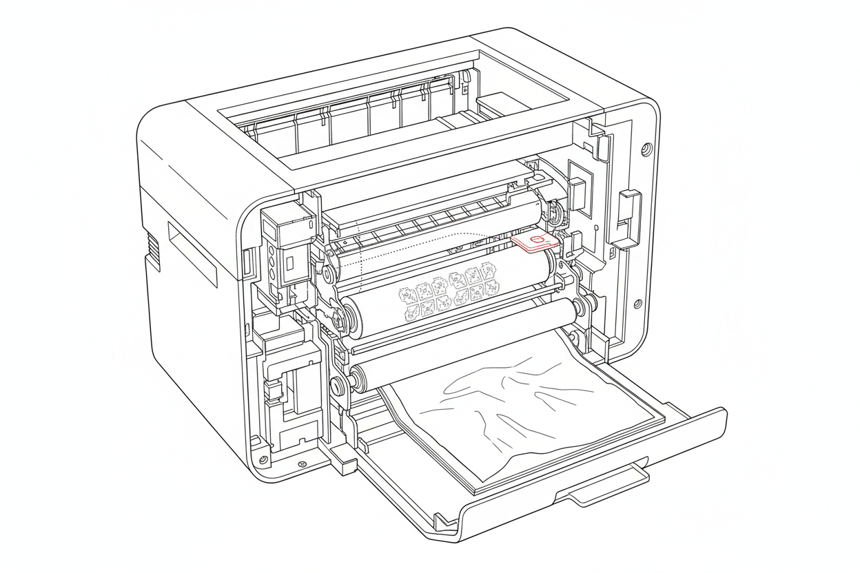 용지가 걸린 상태로 내부가 보이는 사무용 프린터의 라인 드로잉