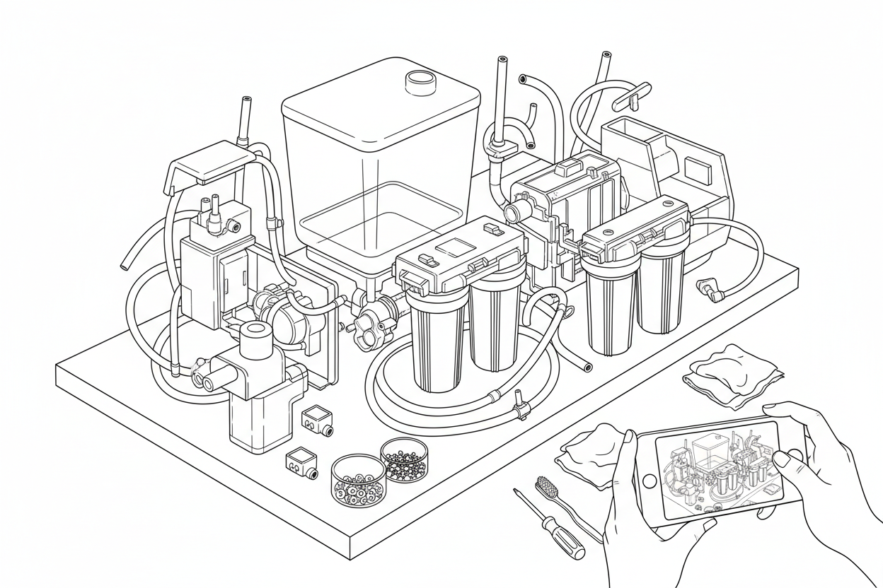 정수기 분해 과정을 촬영하며 부품을 정리하는 모습