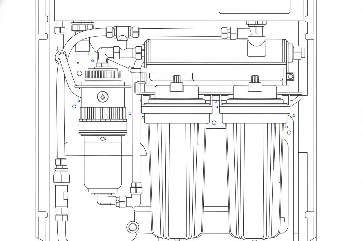 정수기 내부의 필터와 호스, 탱크가 복잡하게 연결된 모습