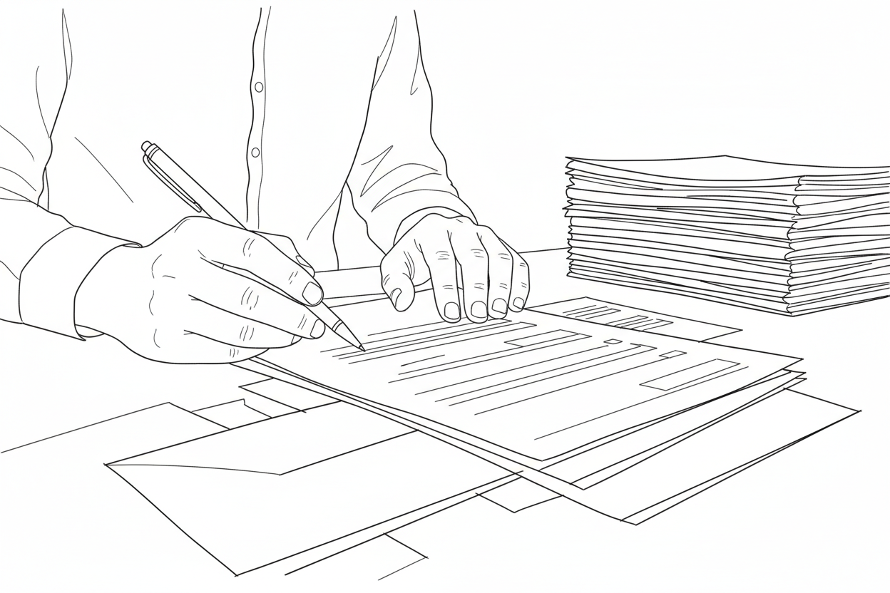 변호사 사무실에서 서류를 작성하고 있는 손과 문서 더미
