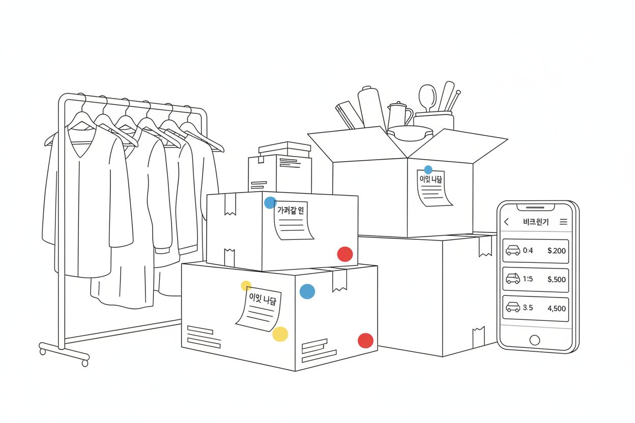 이삿짐을 정리하며 분류된 박스들과 스마트폰으로 차량을 선택하는 모습