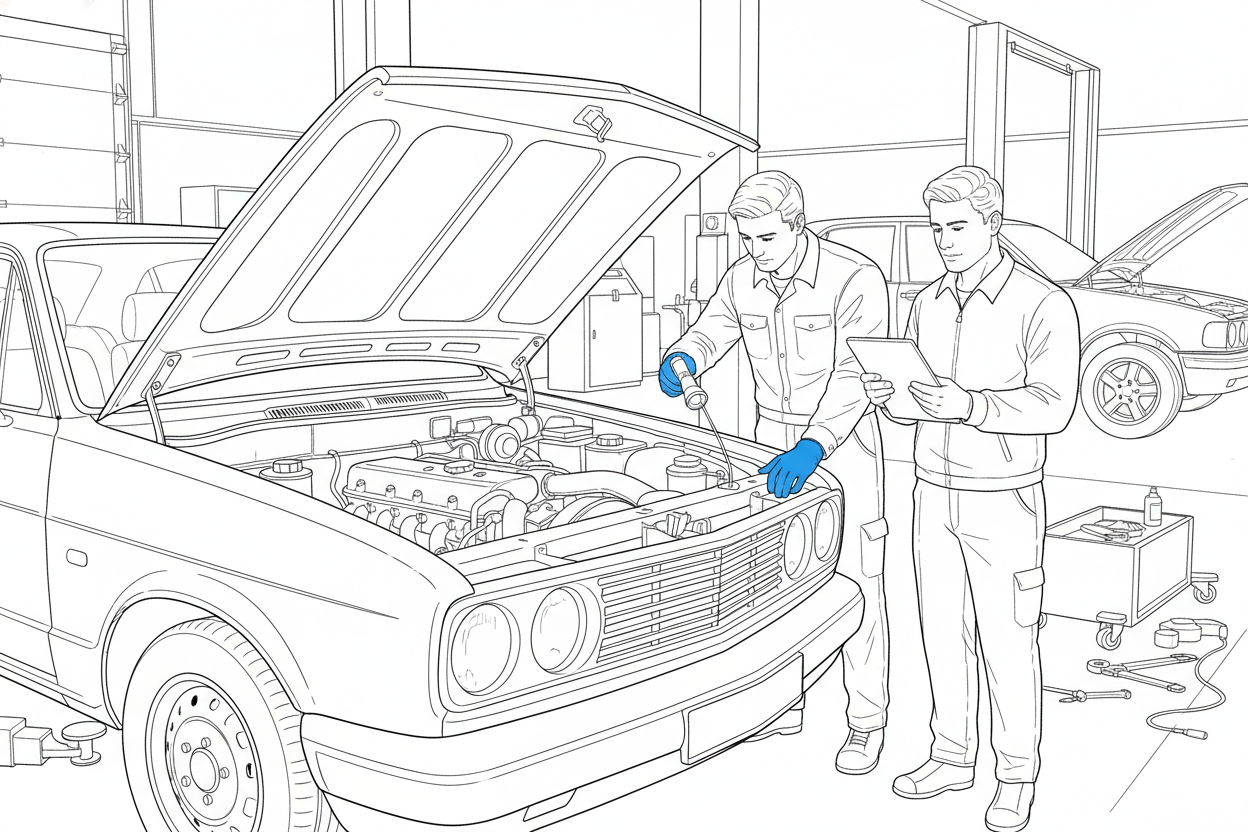 정비소에서 두 명의 기술자가 차량의 엔진룸을 점검하고 서류를 확인하는 모습