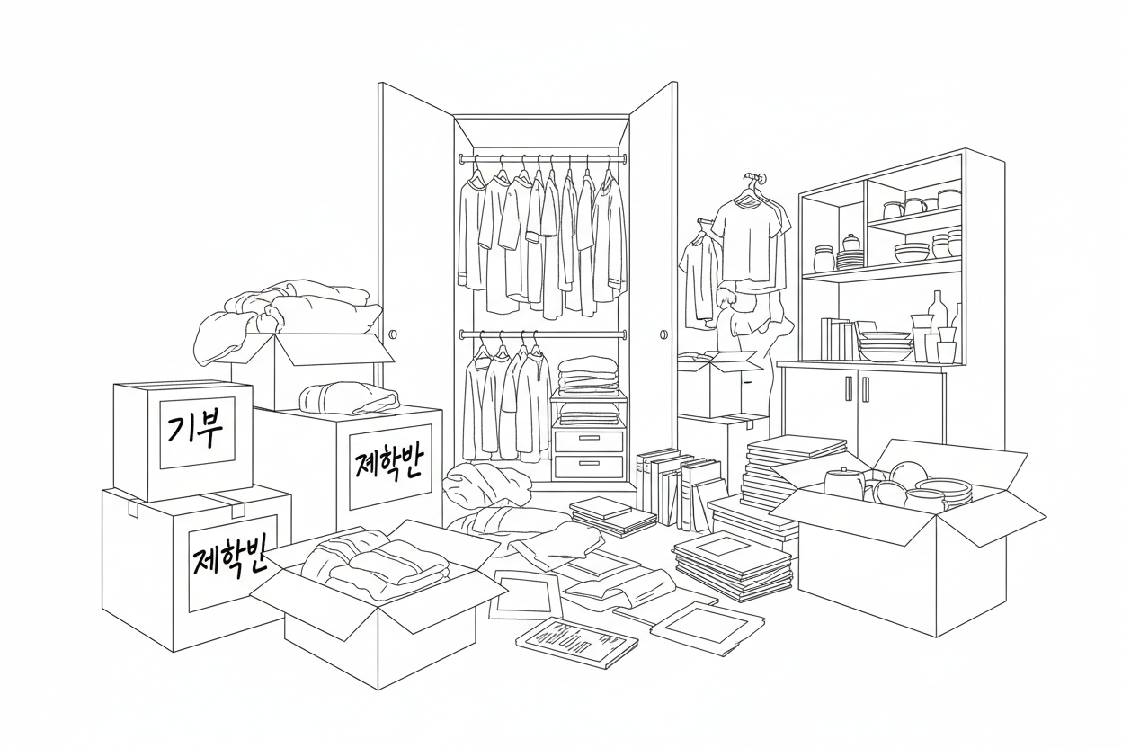 집을 정리하며 옷장, 찬장, 책과 옷가지, 상자들이 어지럽게 놓여 있는 모습