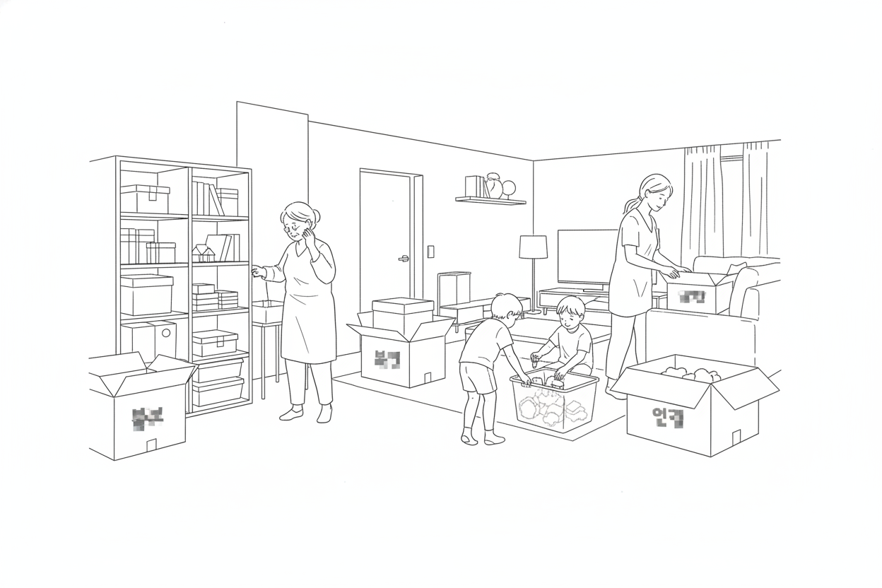 가족이 이사 후 정리된 거실에서 각자 물건을 정리하는 라인 드로잉
