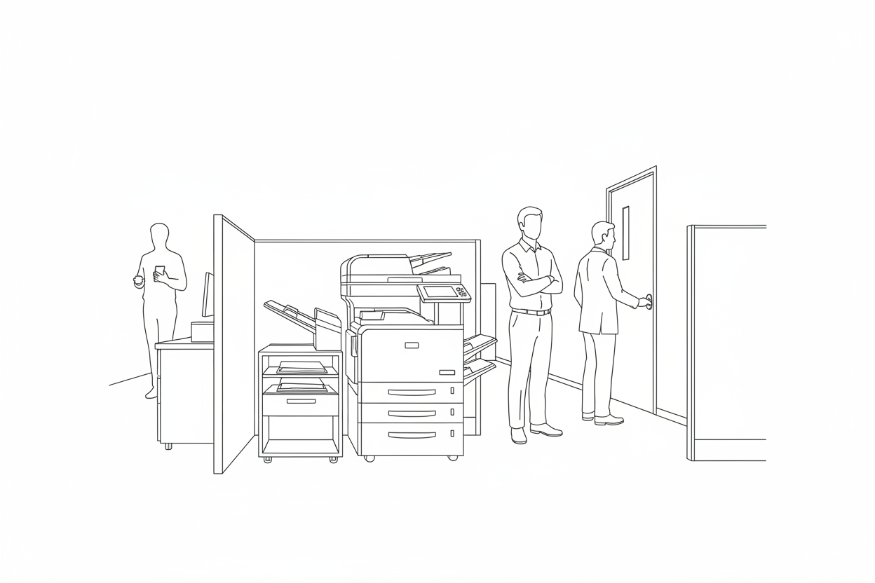 회의실 문 앞 복도에 설치된 공용 프린터와 그 앞에서 기다리거나 통화 중인 사람들