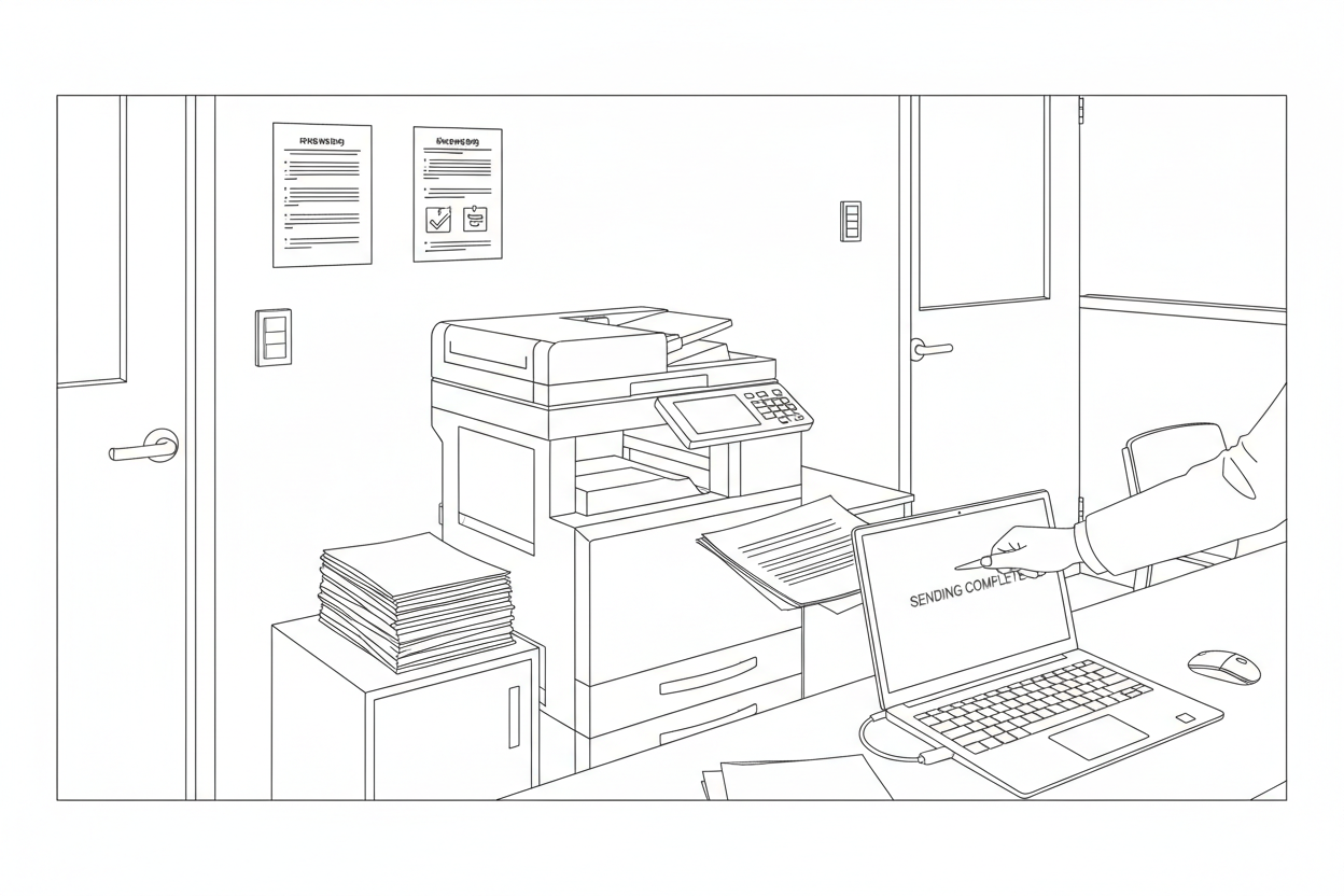 회의실 책상에 앉아 회의 자료를 최종 전송하고 정리하여 바로 배포하는 모습