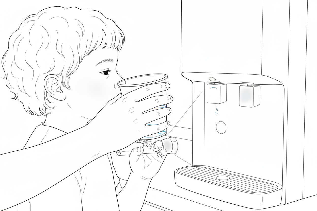 아픈 아이에게 물을 마시게 하는 부모의 손과 정수기