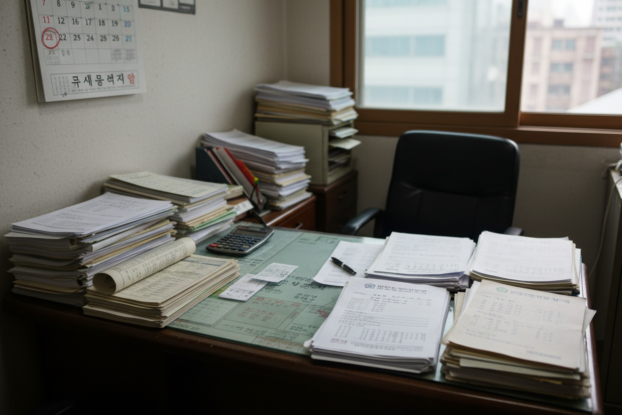 서류와 계산기, 달력이 놓인 자영업자의 지저분하고 현실적인 사무실