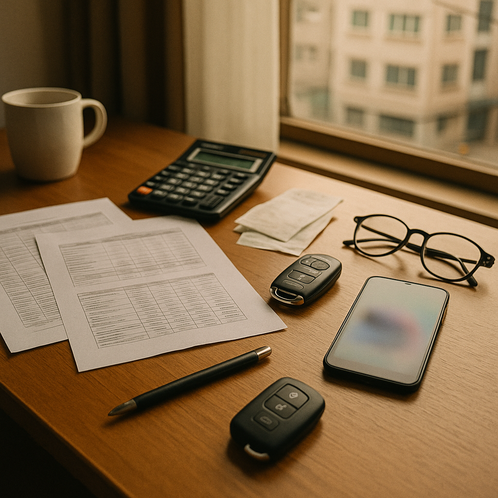 A photorealistic, full-bleed 3:2 landscape photo of a cluttered desk in a small Korean home/office: several printed contract comparison sheets (no legible text), a calculator, loose receipts, a pen, a car key fob, a smartphone with blurred screen, a coffee cup and glasses. Soft natural window light (or warm indoor fluorescent), slight off-center composition, shallow depth of field with slightly soft edges and natural phone-camera grain, high resolution but not overly sharpened, authentic amateur