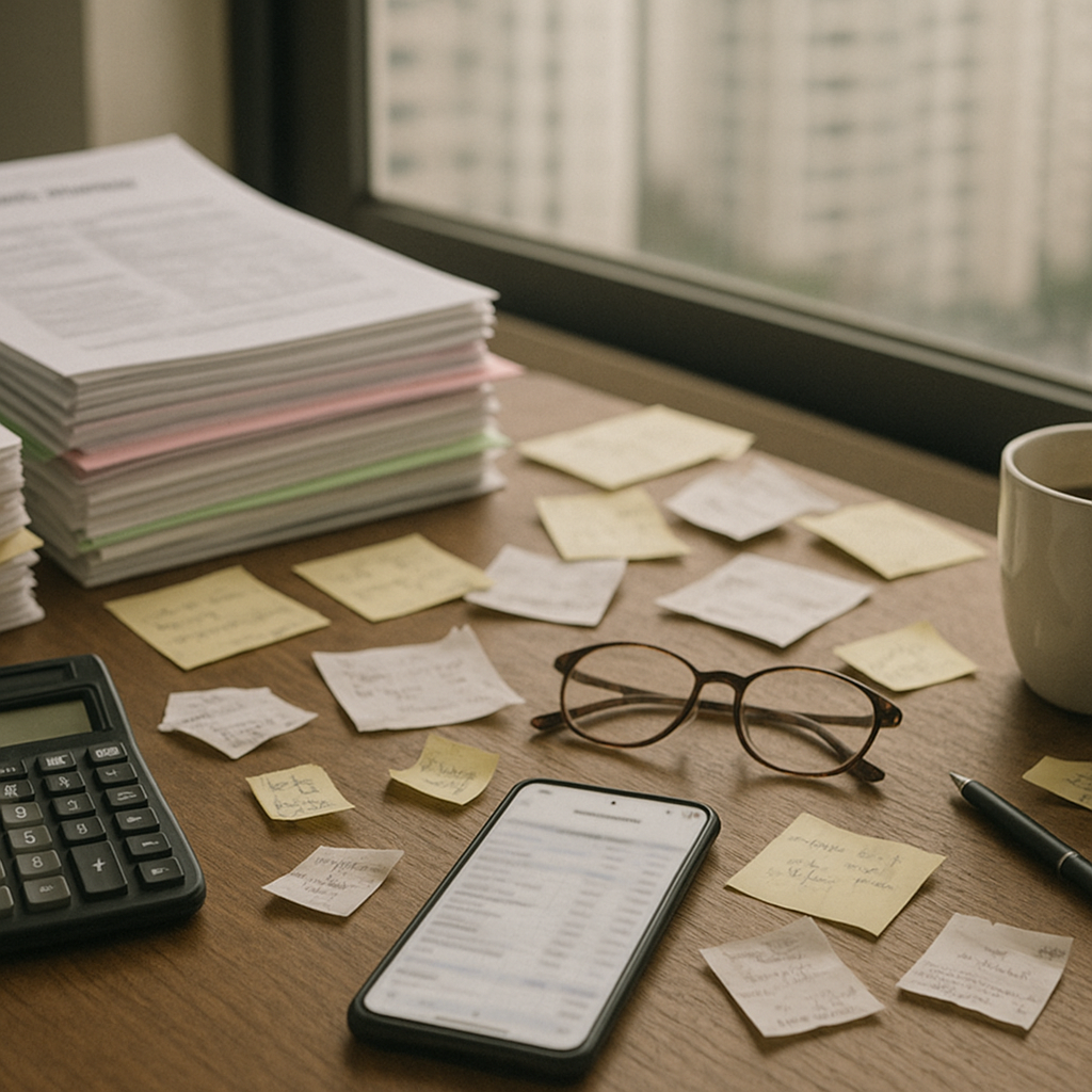 Photorealistic photo of a cluttered Korean small-business desk viewed in landscape 3:2: three color‑tabbed stacks of leasing proposals (papers intentionally unreadable and blurred), a calculator, a smartphone displaying a blurred spreadsheet, scattered sticky notes and receipts with illegible marks, a pen and reading glasses, and a half-drunk coffee cup. Natural window light from the side, soft indoor fluorescent fill, slight imperfect focus and subtle edge blur, handheld phone camera feel, full